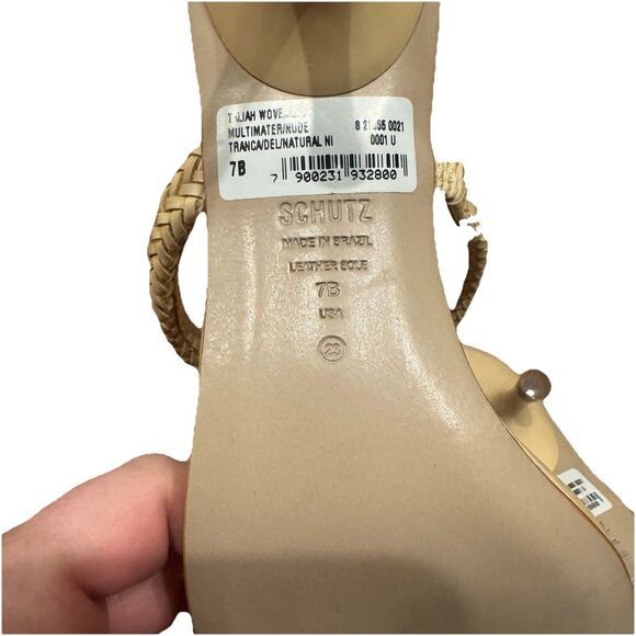 Schutz Taliah Mid Woven Leather Kitten Heel Sandal Strappy Tan Women's Sz 7 New - Picture 8 of 9